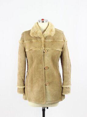 Vintage 70's Tan Genuine Sheepskin Suede Leather Shearling Ranch Coat, Size 6/XS